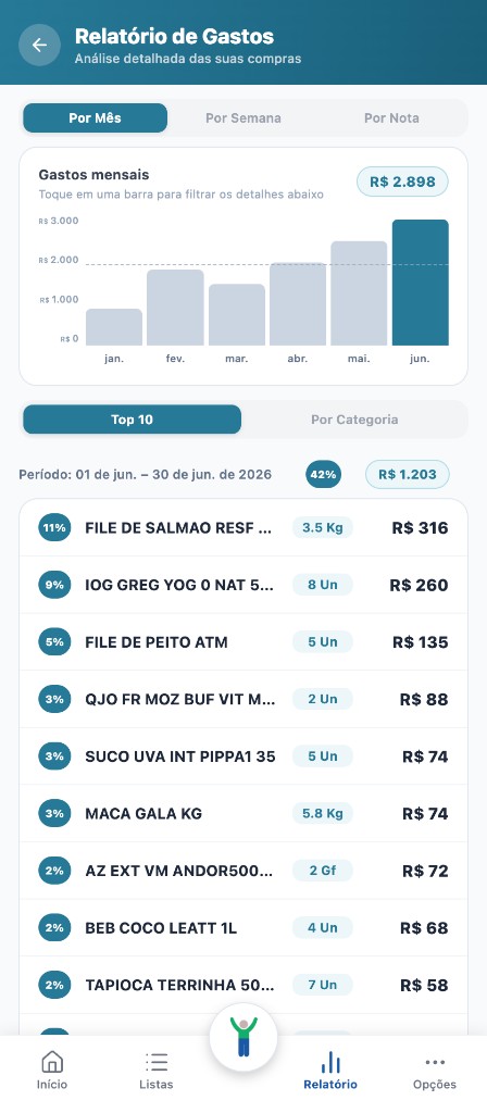 Relatório de Gastos — gráfico mensal e top 10 produtos